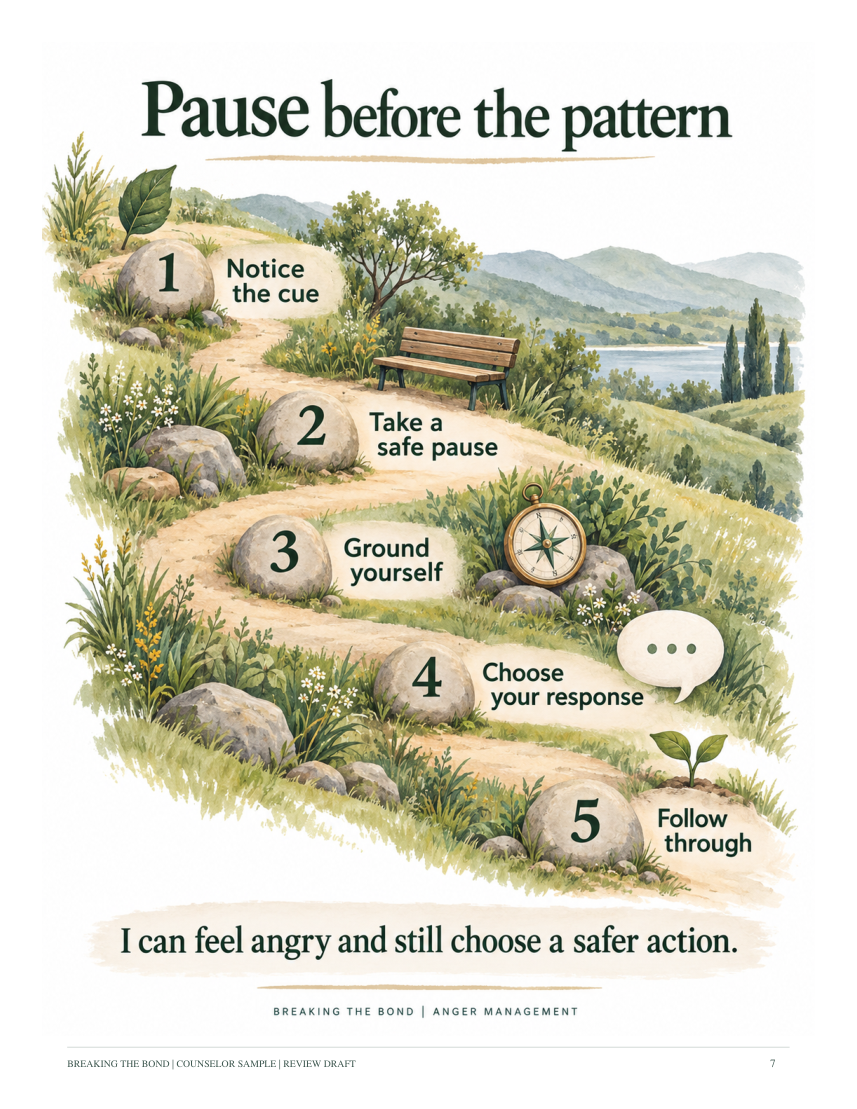 Actual included handout: a winding path with five steps, notice the cue, take a safe pause, ground yourself, choose your response, and follow through.