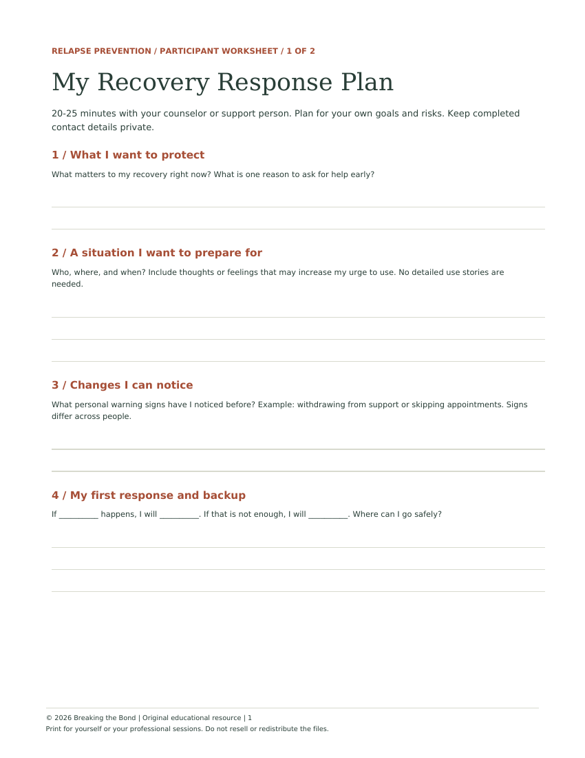 First page preview of My Recovery Response Plan